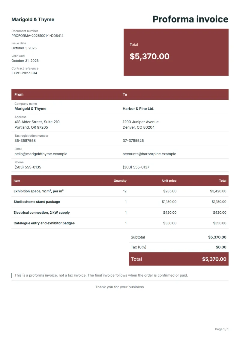 Free trade show exhibitor proforma invoice template: sample document with line items, quantities, prices and the total