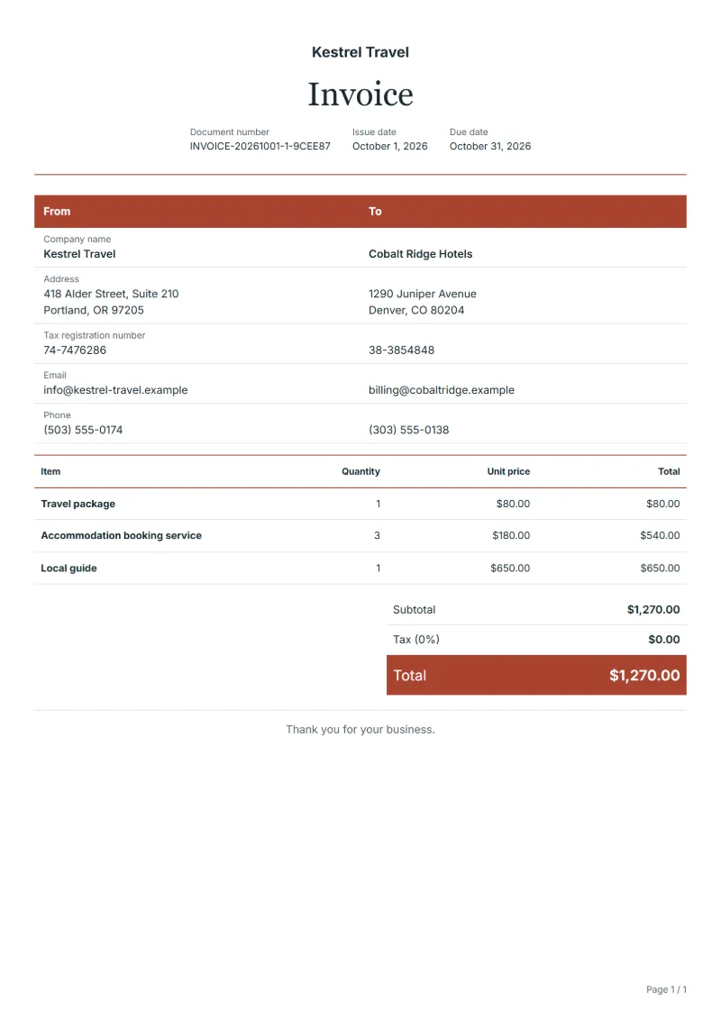 Free travel and tourism invoice template: sample document with line items, quantities, prices and the total