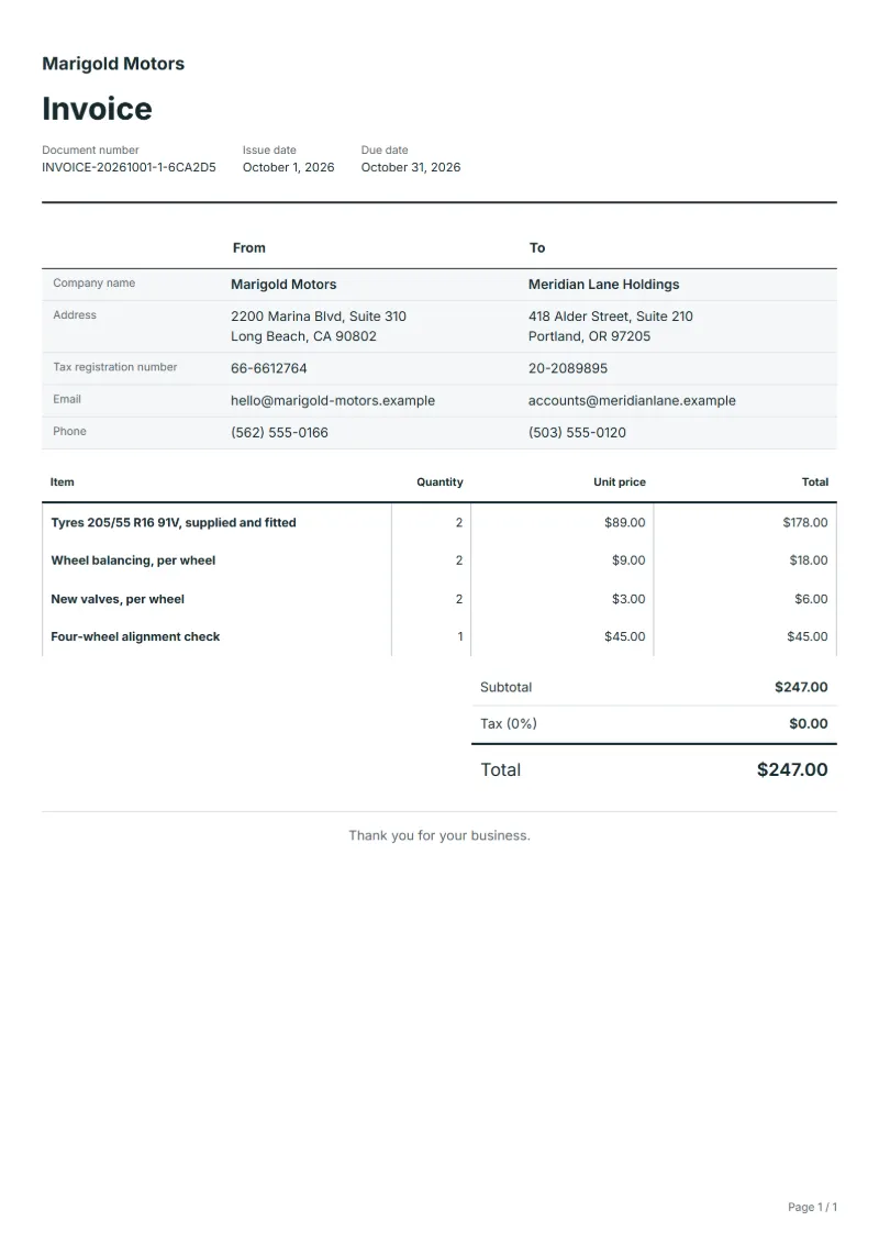 Free tyre shop invoice template: sample document with fictional company names, line items, quantities, prices and the total