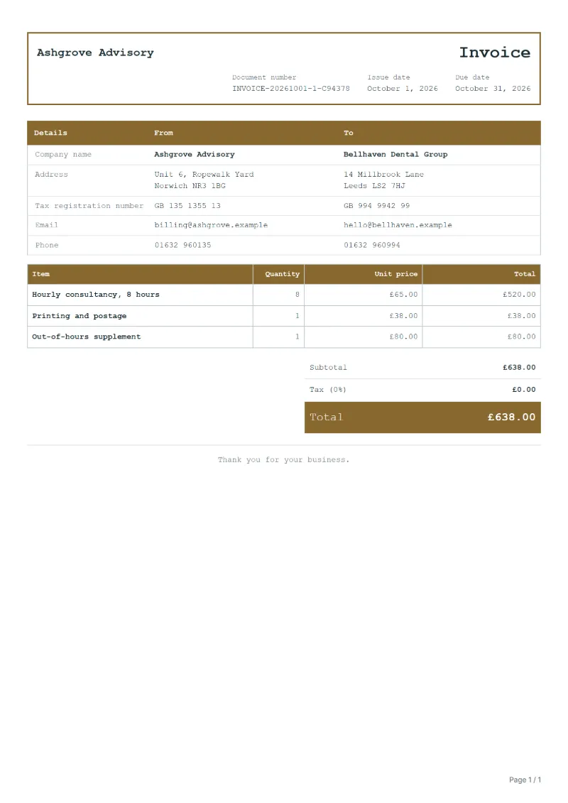 Free UK invoice template with no VAT: sample document with line items, quantities, prices and the total