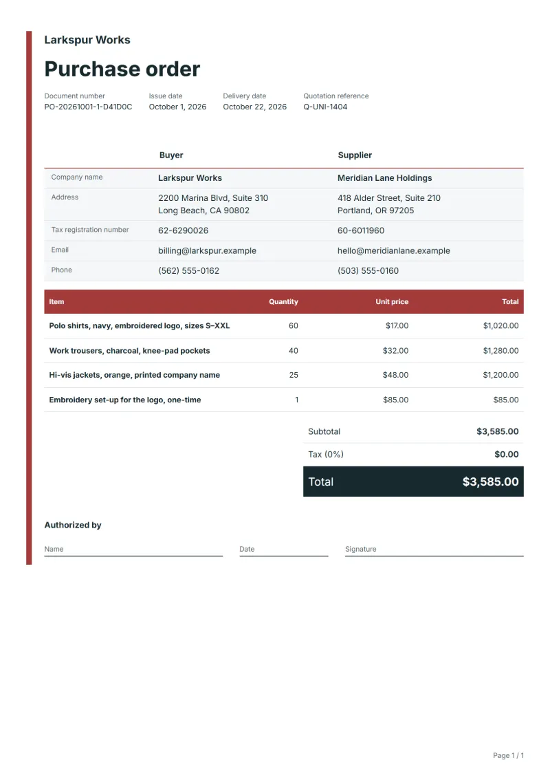 Free uniform and workwear purchase order template: sample document with line items, quantities, prices and the total