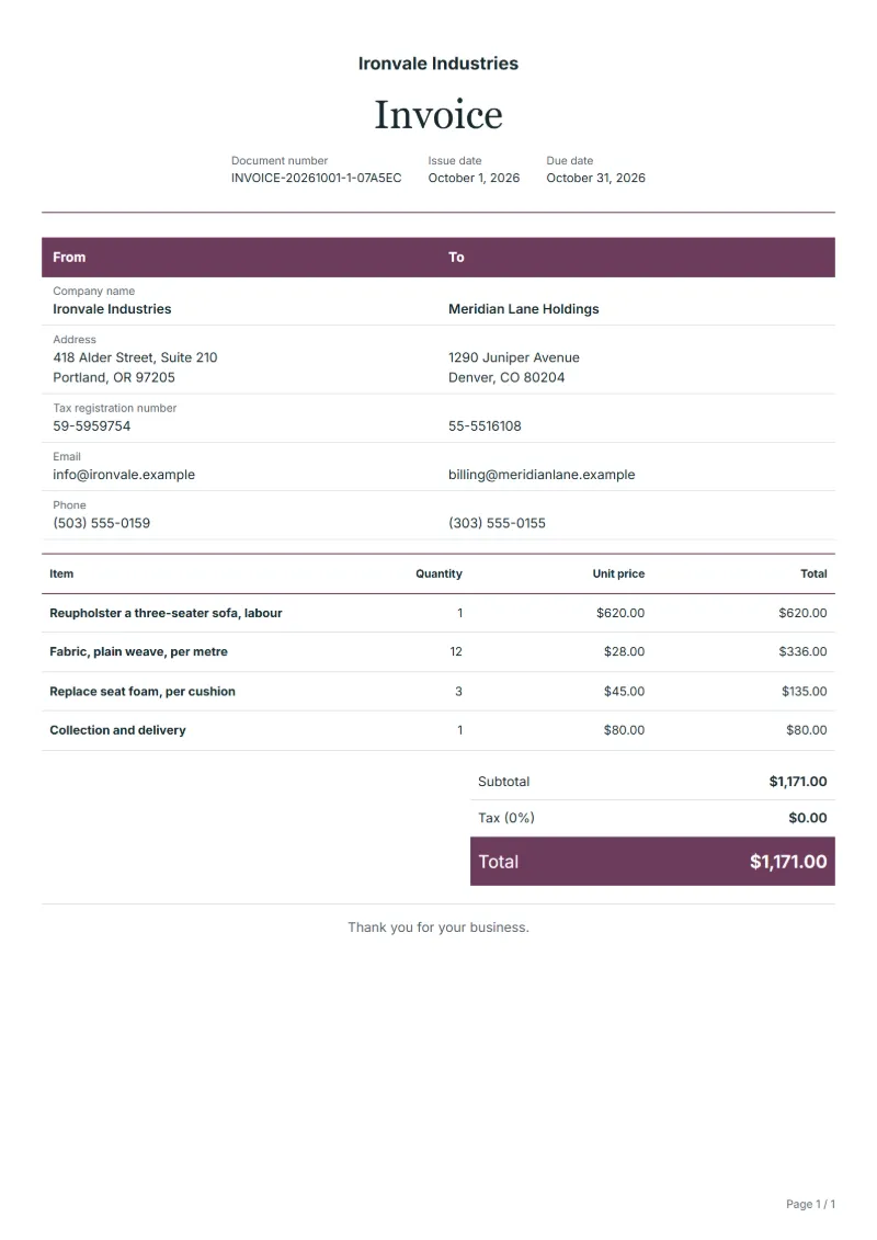 Free upholstery invoice template: sample document with fictional company names, line items, quantities, prices and the total