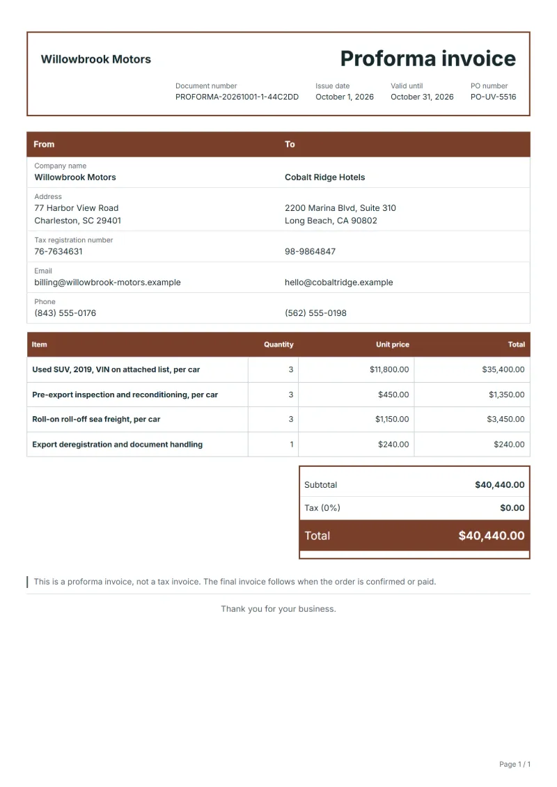 Free used vehicle export proforma invoice template: sample document with line items, quantities, prices and the total