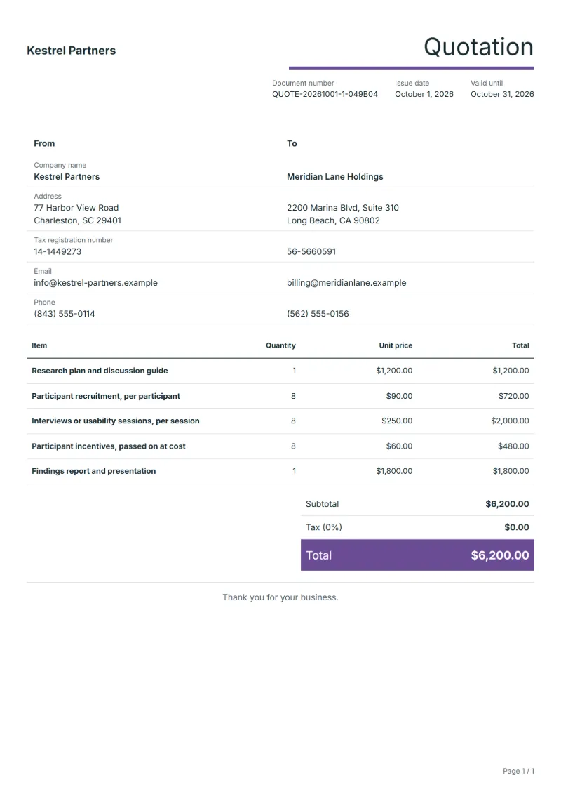 Free user research quotation template: sample document with line items, quantities, prices and the total