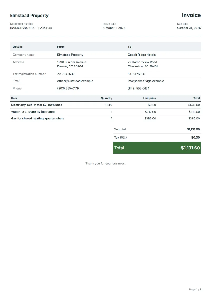 Free utility recharge invoice template: sample document with line items, quantities, prices and the total