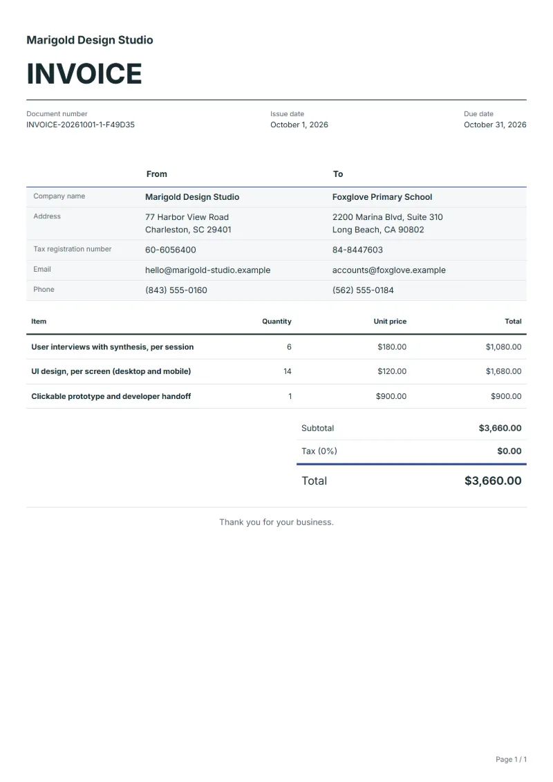 Free UX/UI design invoice template: sample document with line items, quantities, prices and the total