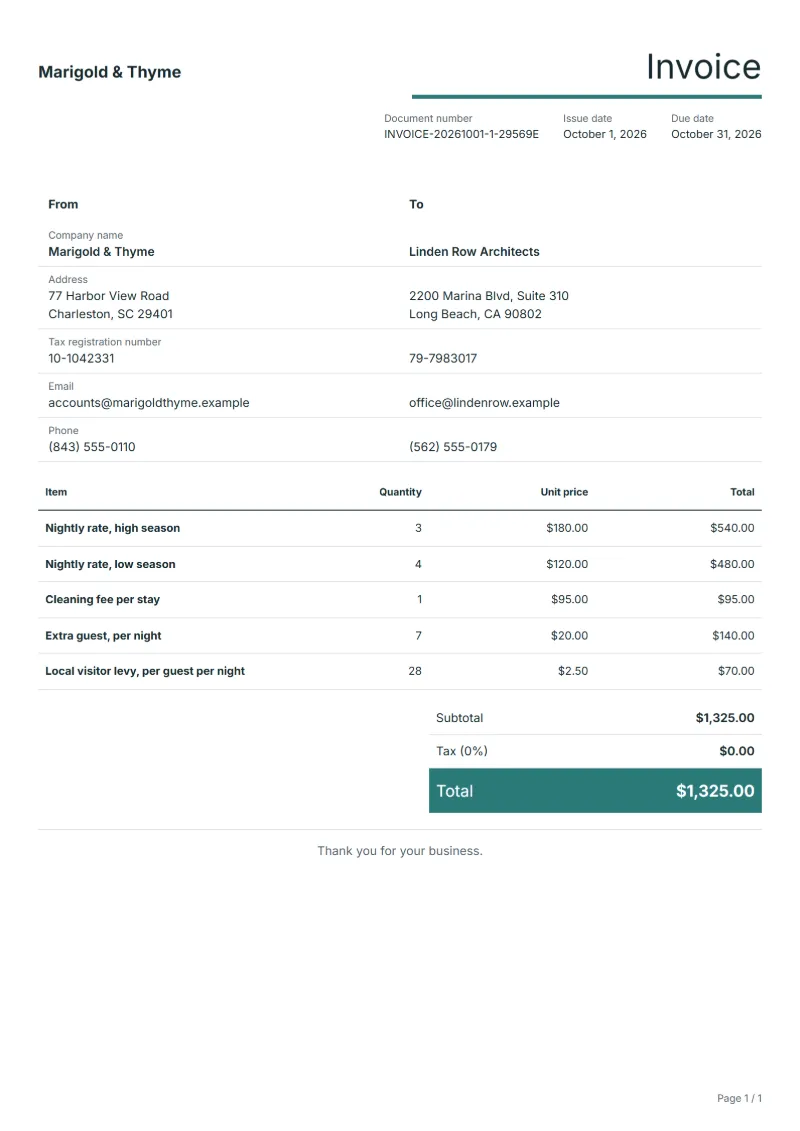 Free vacation rental invoice template: sample document with line items, quantities, prices and the total