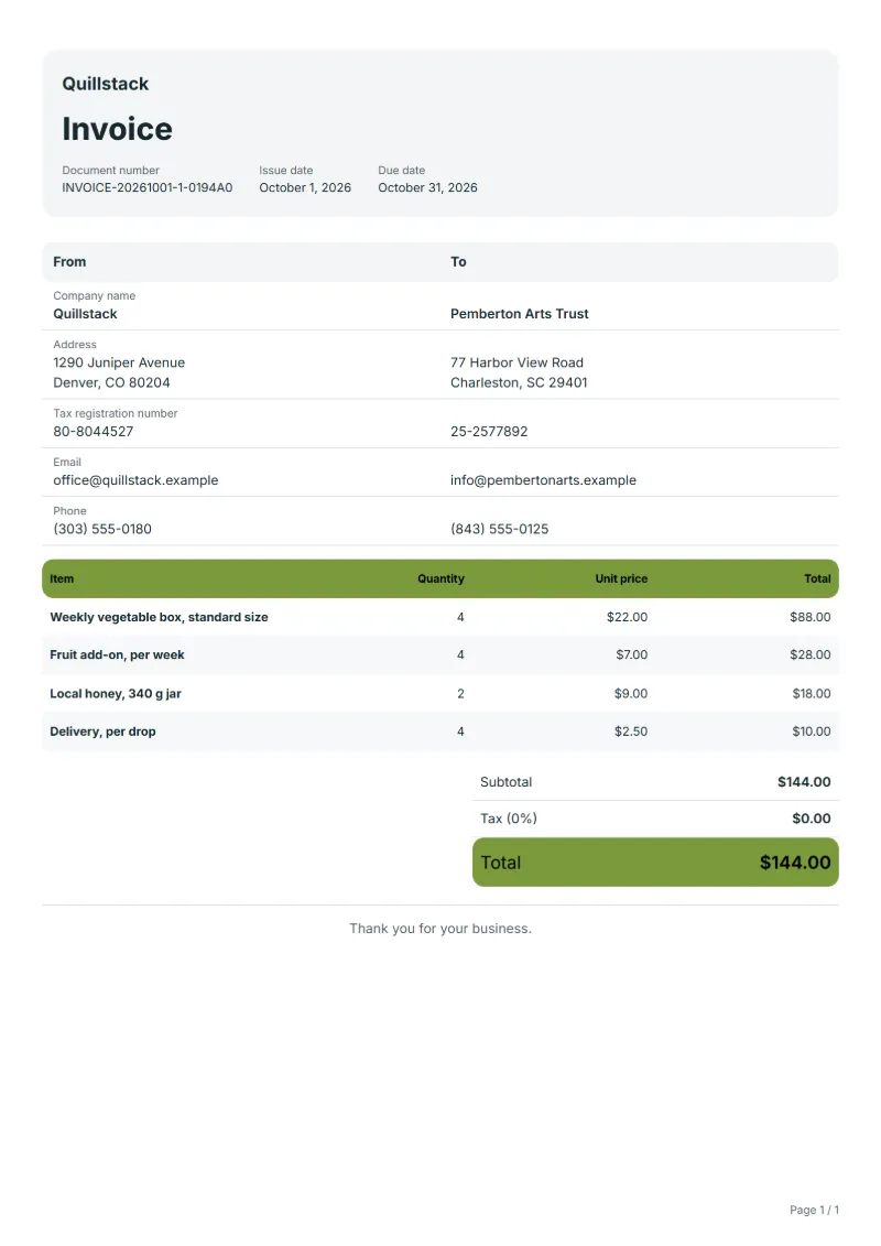 Free veg box subscription invoice template: sample document with line items, quantities, prices and the total