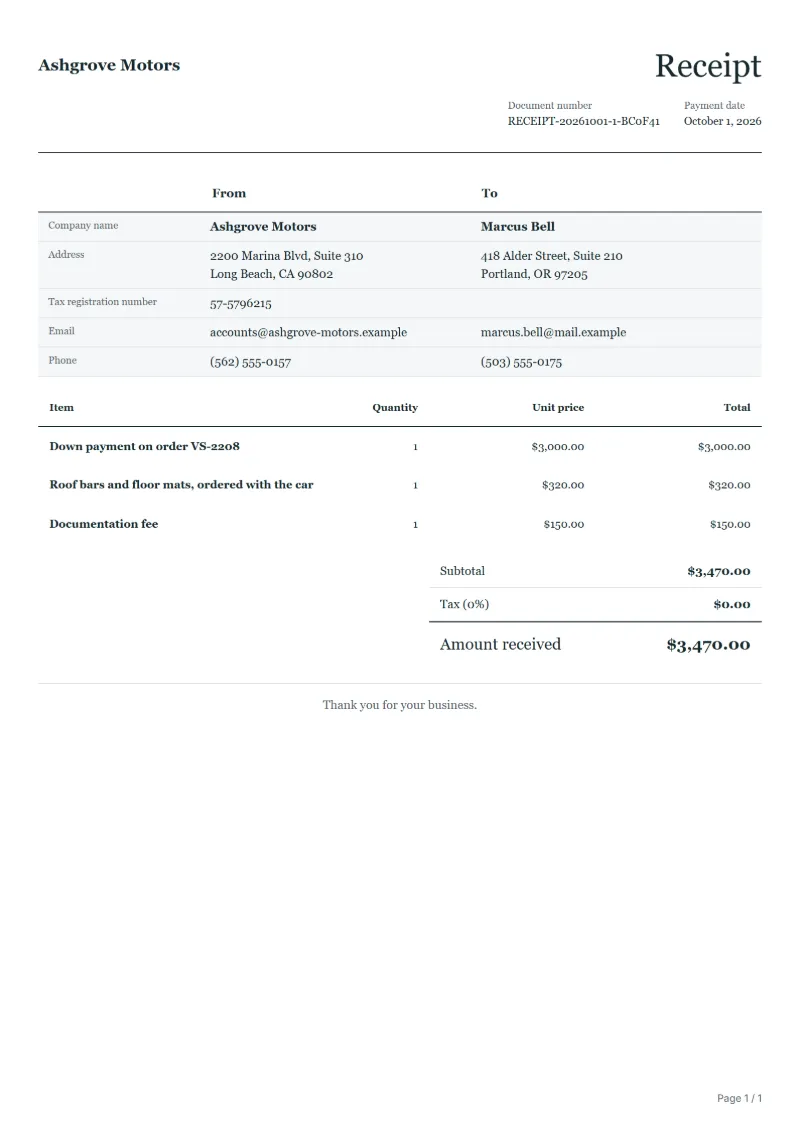 Free vehicle down payment receipt template: sample document with line items, quantities, prices and the total