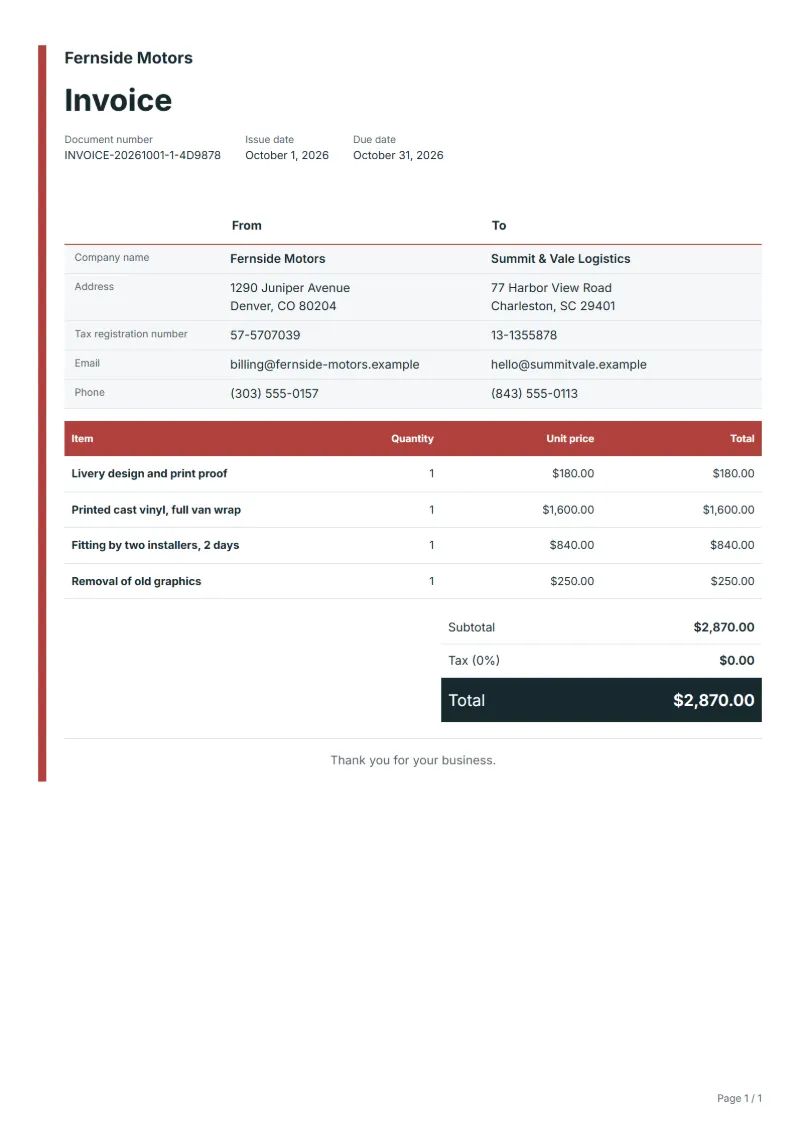 Free vehicle wrap invoice template: sample document with line items, quantities, prices and the total