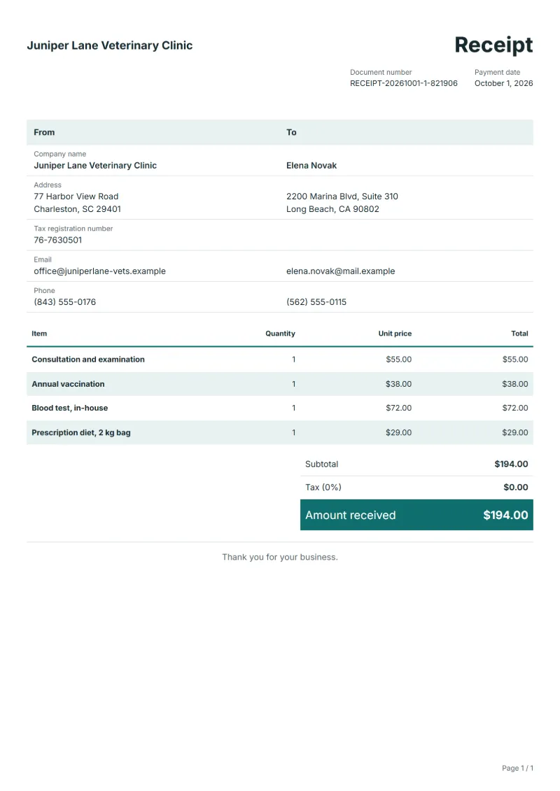 Free veterinary receipt template: sample document with fictional company names, line items, quantities, prices and the total