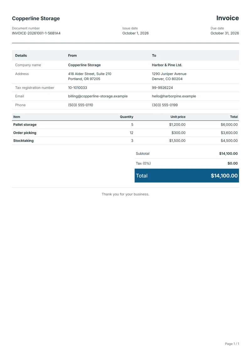 Free warehousing invoice template: sample document with fictional company names, line items, quantities, prices and the total