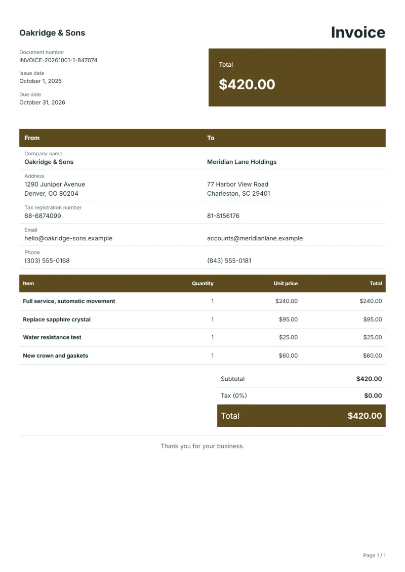 Free watch repair invoice template: sample document with line items, quantities, prices and the total