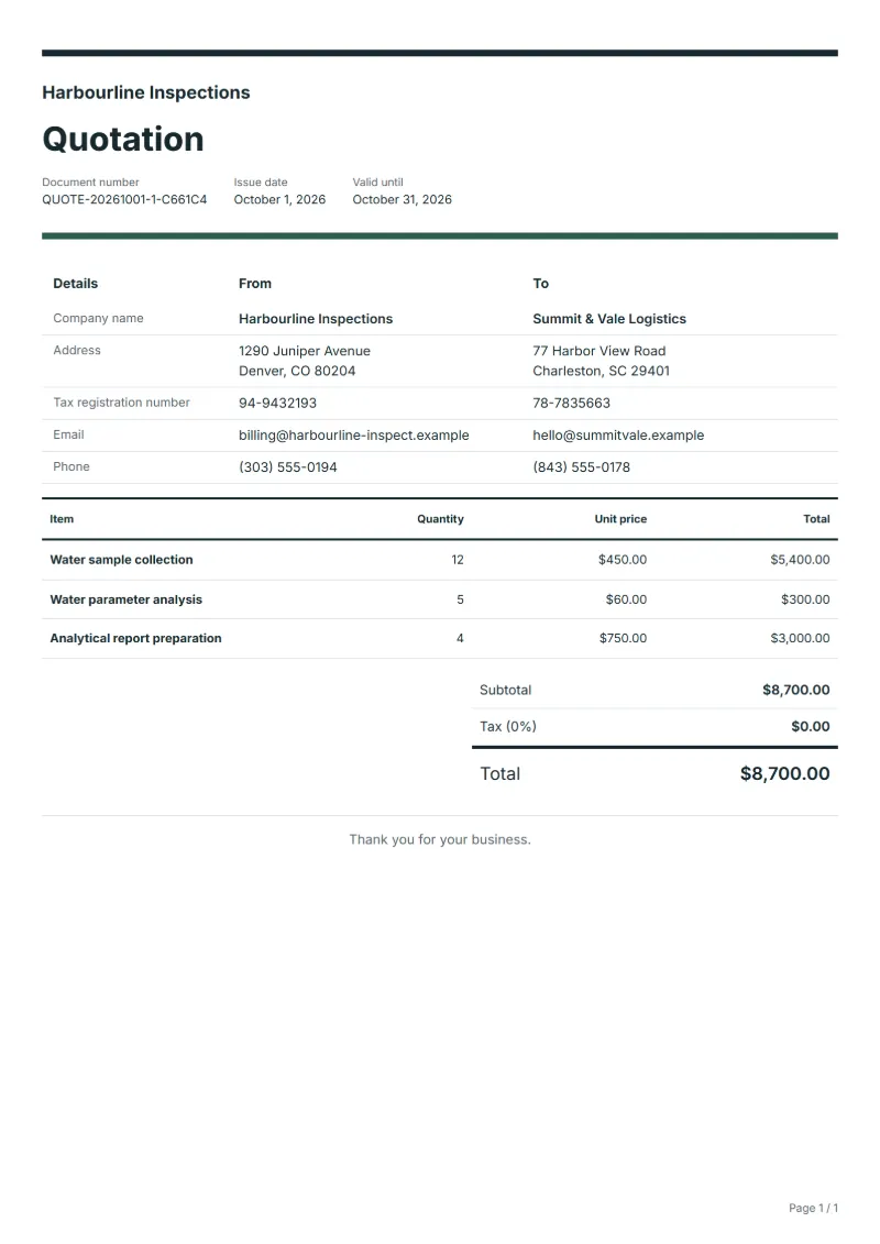 Free water quality testing quotation template: sample document with line items, quantities, prices and the total