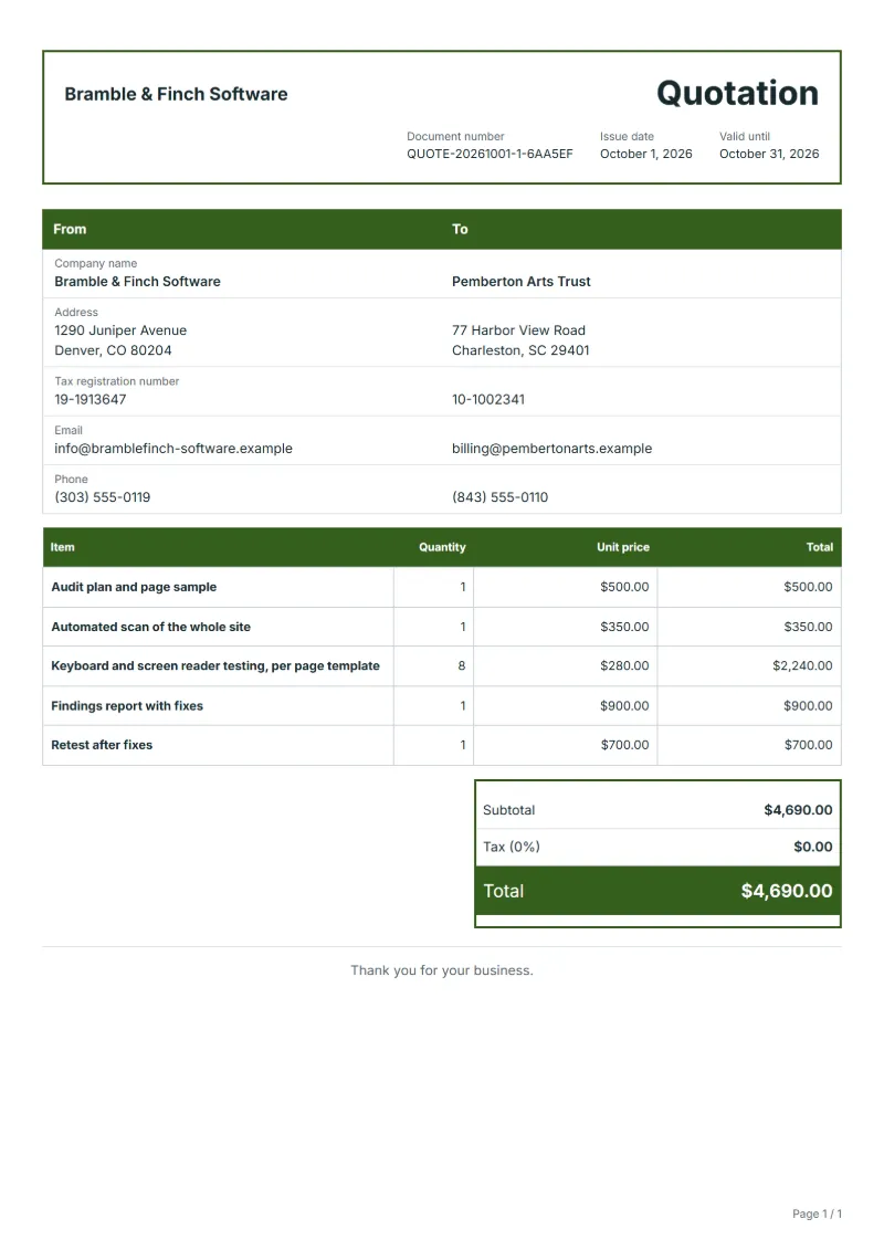 Free website accessibility audit quotation template: sample document with line items, quantities, prices and the total