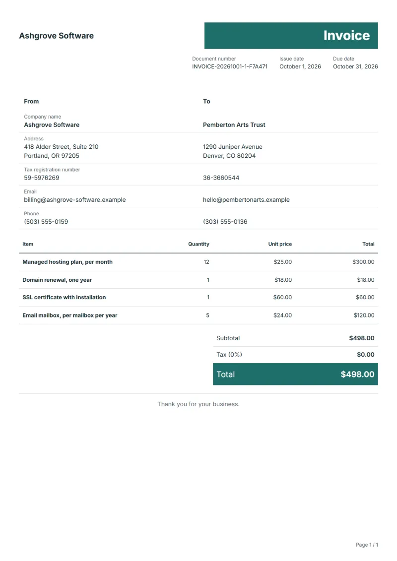 Free web hosting invoice template: sample document with fictional company names, line items, quantities, prices and the total