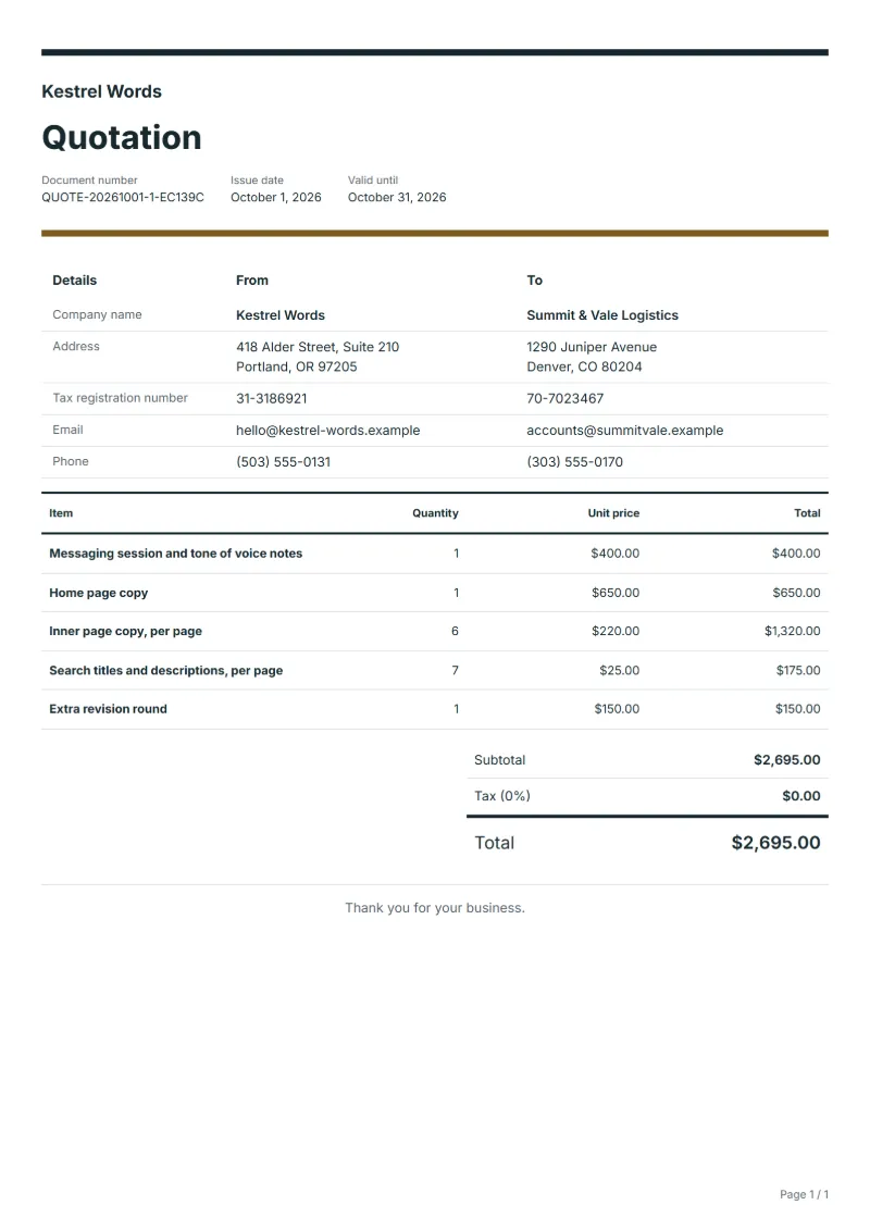 Free website copywriting quotation template: sample document with line items, quantities, prices and the total