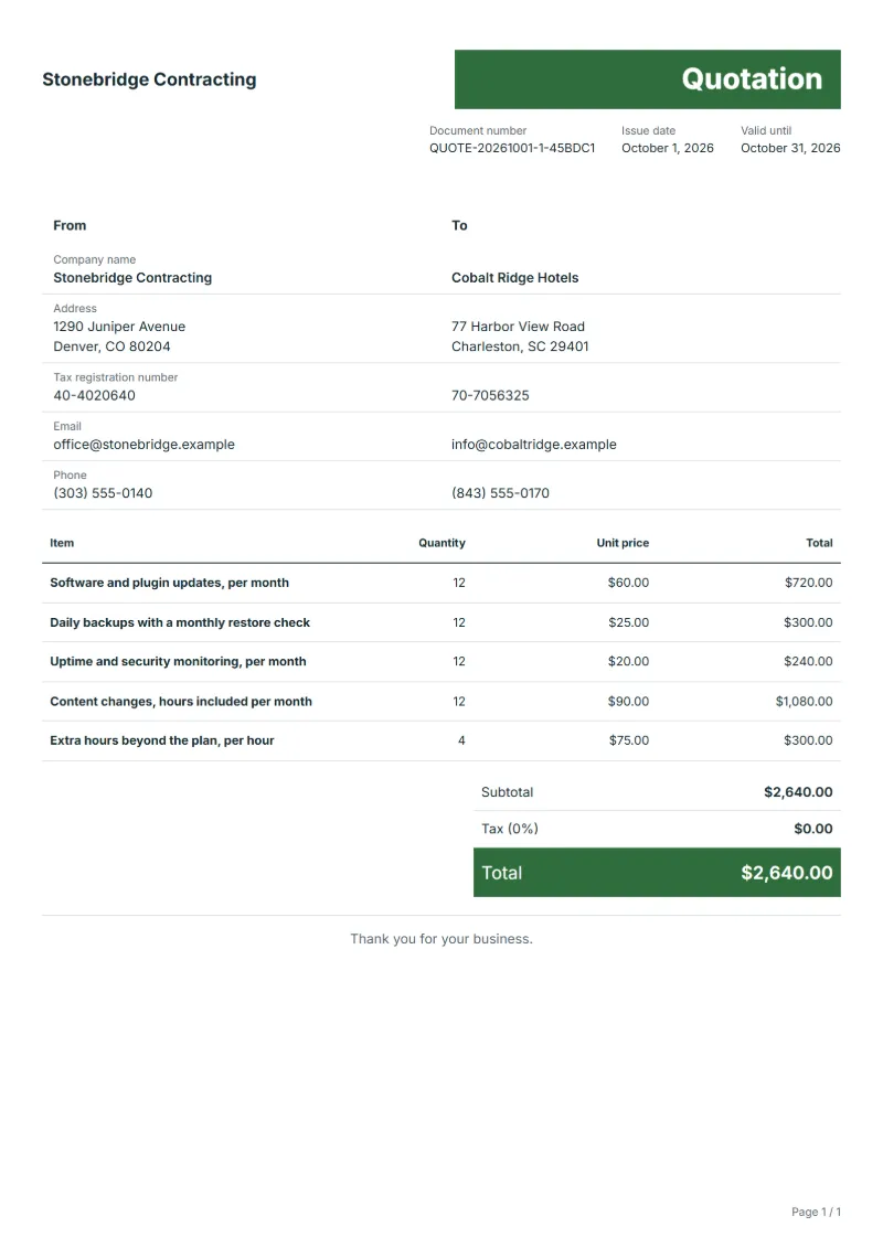 Free website maintenance plan quotation template: sample document with line items, quantities, prices and the total
