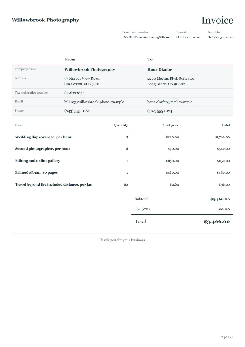 Free wedding photographer invoice template: sample document with line items, quantities, prices and the total