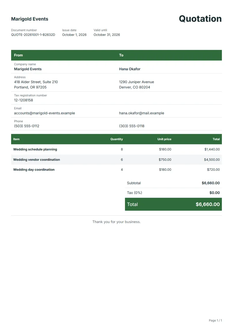 Free wedding planning quotation template: sample document with line items, quantities, prices and the total