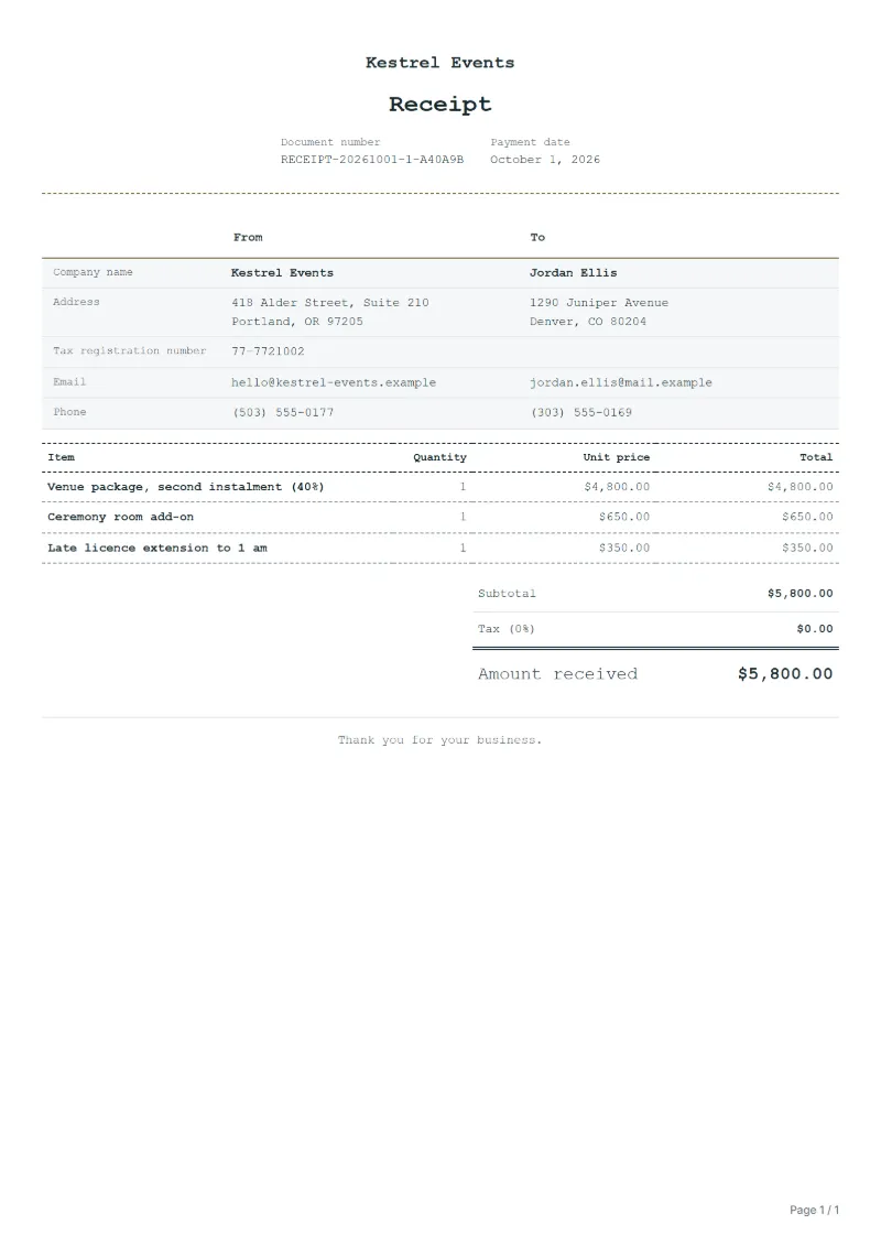 Free wedding venue payment receipt template: sample document with line items, quantities, prices and the total