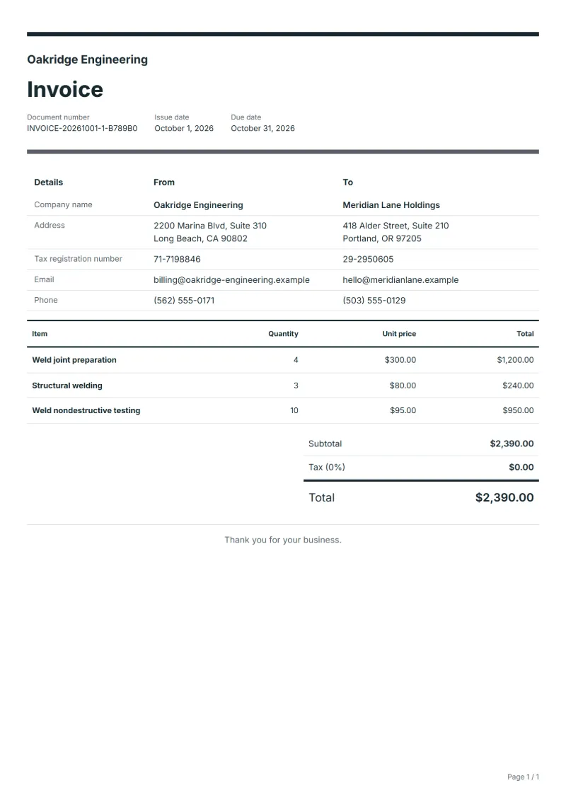 Free welding invoice template: sample document with fictional company names, line items, quantities, prices and the total