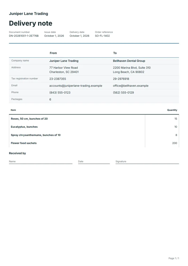 Free wholesale flower delivery note template: sample document with the items, their quantities and a signature line