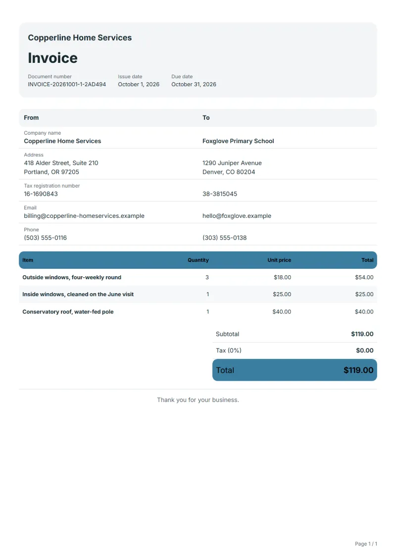 Free window cleaning invoice template: sample document with line items, quantities, prices and the total