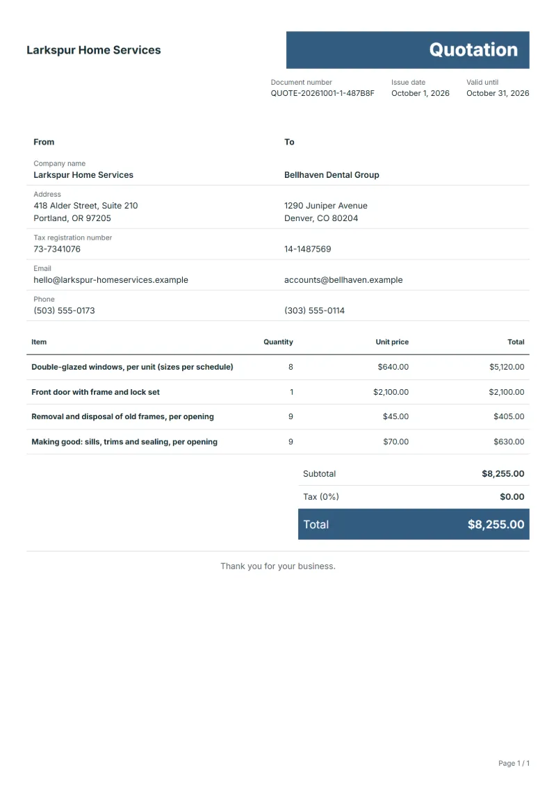 Free window and door replacement quotation template: sample document with line items, quantities, prices and the total