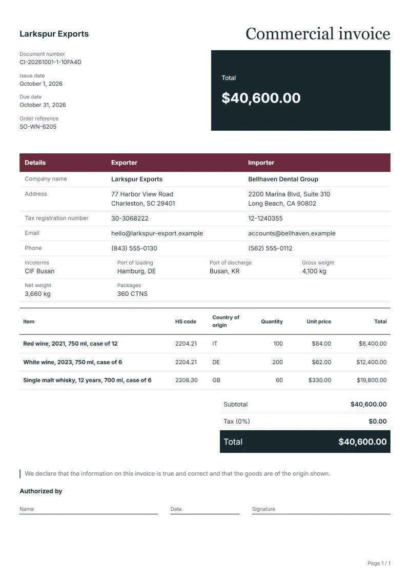 Free wine and spirits commercial invoice template: sample document with HS code and origin columns, prices and the total