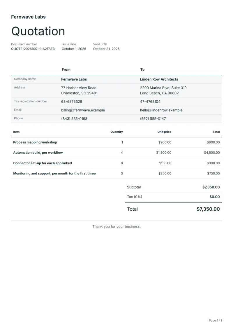 Free workflow automation quotation template: sample document with line items, quantities, prices and the total