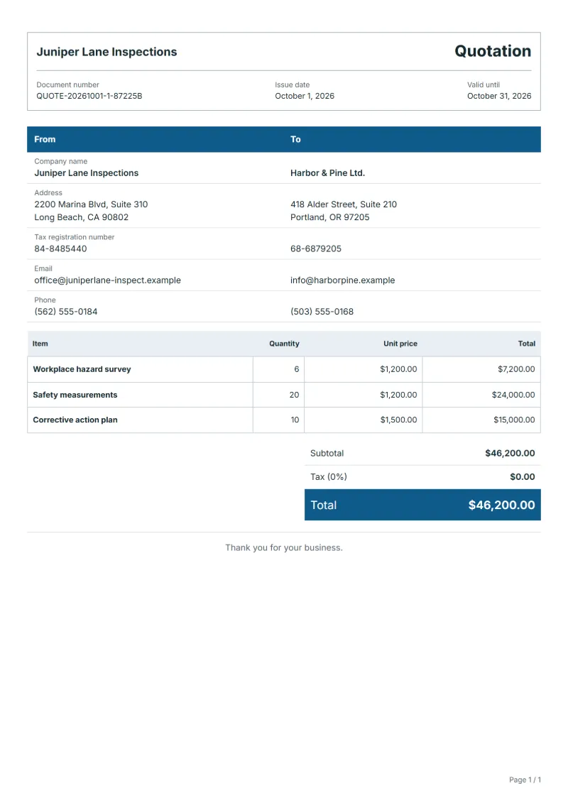 Free workplace safety quotation template: sample document with line items, quantities, prices and the total