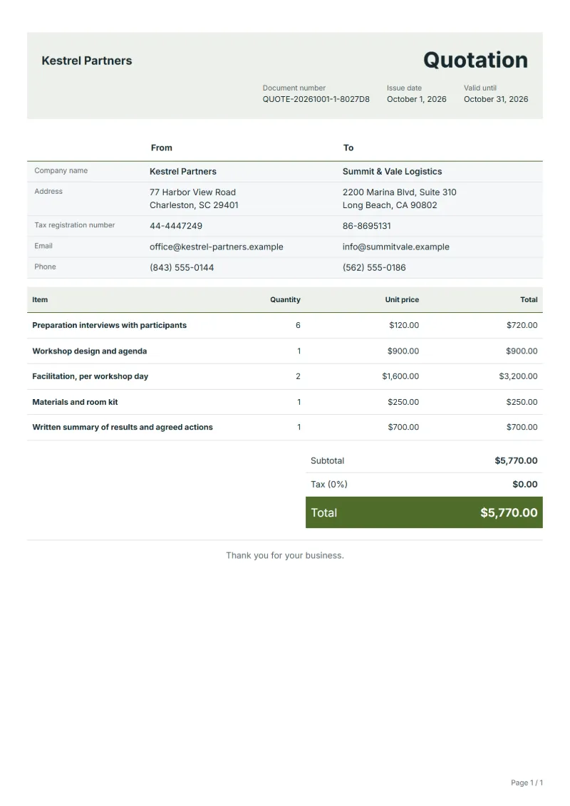 Free workshop facilitation quotation template: sample document with line items, quantities, prices and the total