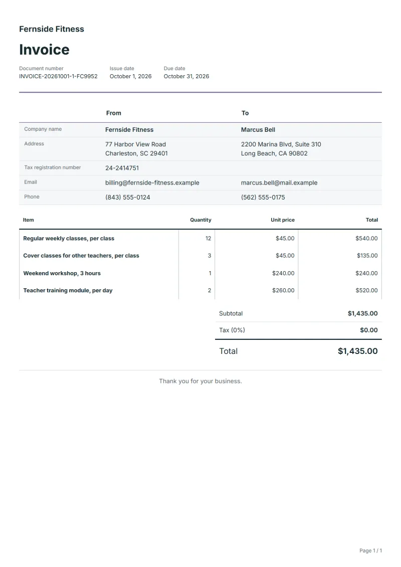 Free yoga teacher invoice template: sample document with line items, quantities, prices and the total
