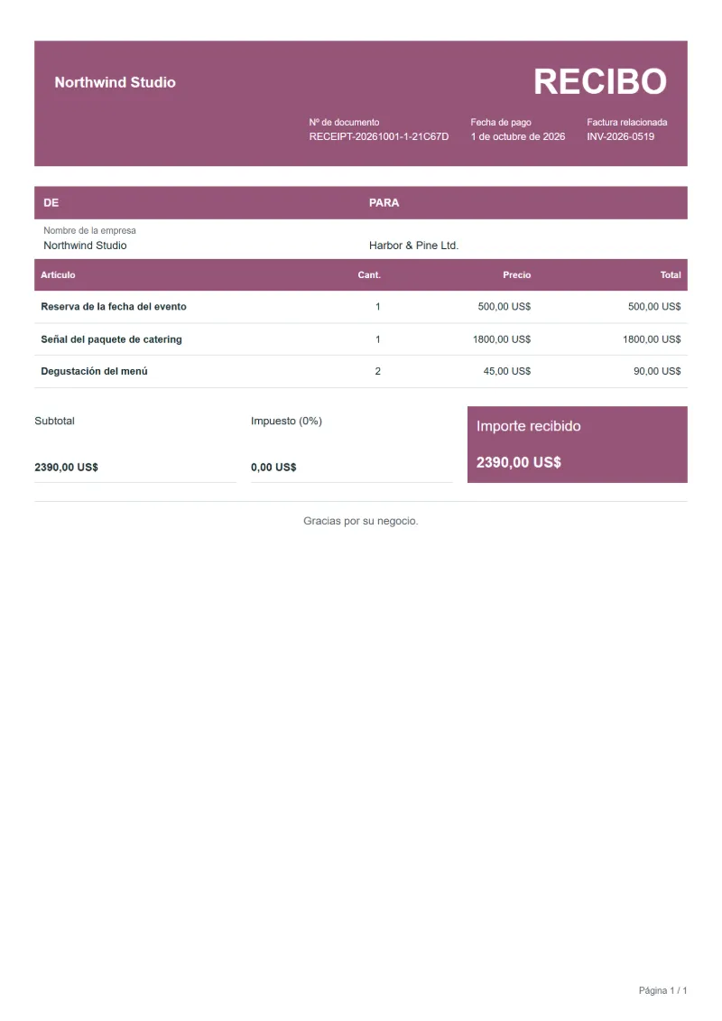 Plantilla de recibo de señal de reserva (gratis): ejemplo rellenado con líneas, cantidades, precios y el total
