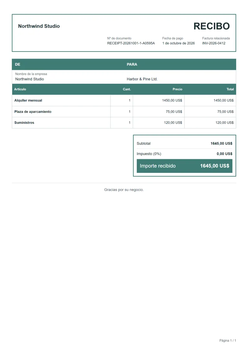 Plantilla de recibo de alquiler (gratis): ejemplo rellenado con líneas, cantidades, precios y el total