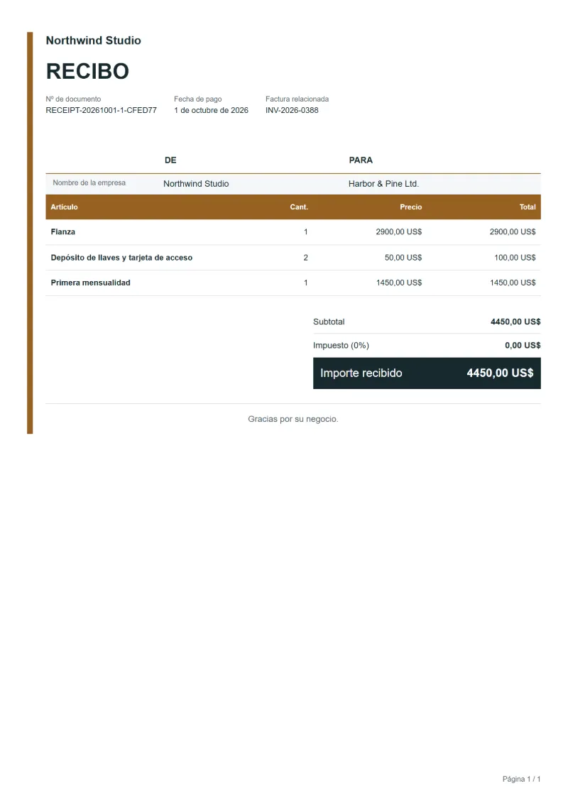 Plantilla de recibo de fianza de alquiler (gratis): ejemplo rellenado con líneas, cantidades, precios y el total