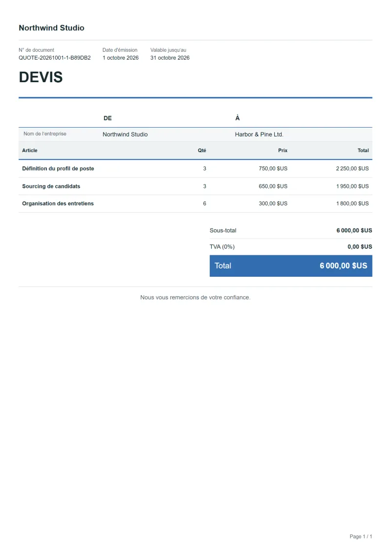 Devis de recrutement (gratuit) — exemple rempli avec des lignes, des quantités, des prix et le total