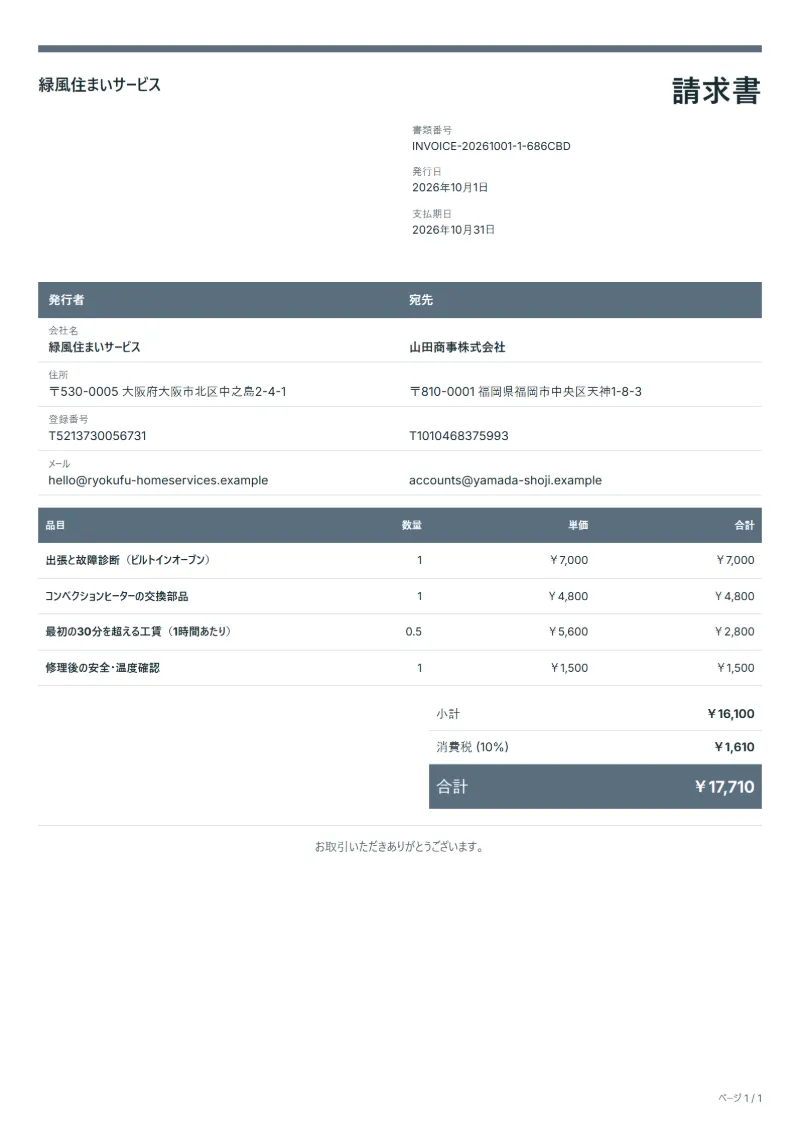 無料の家電修理の請求書テンプレートの記入例：架空の会社名、品目、数量、単価、合計が入った1ページ目