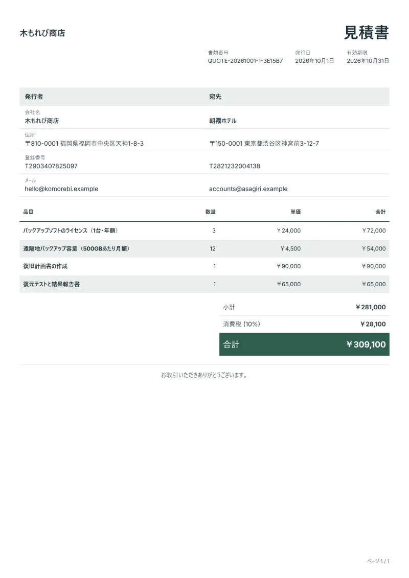 無料のバックアップと災害復旧の見積書テンプレートの記入例:架空の会社名、品目、数量、単価、合計が入った1ページ目