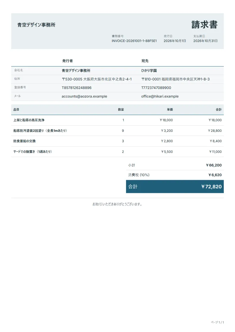 無料のボート修理の請求書テンプレートの記入例：架空の会社名、品目、数量、単価、合計が入った1ページ目