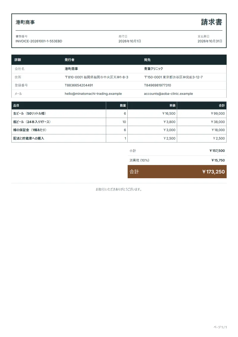 無料の醸造所の卸売請求書テンプレートの記入例：架空の会社名、品目、数量、単価、合計が入った1ページ目