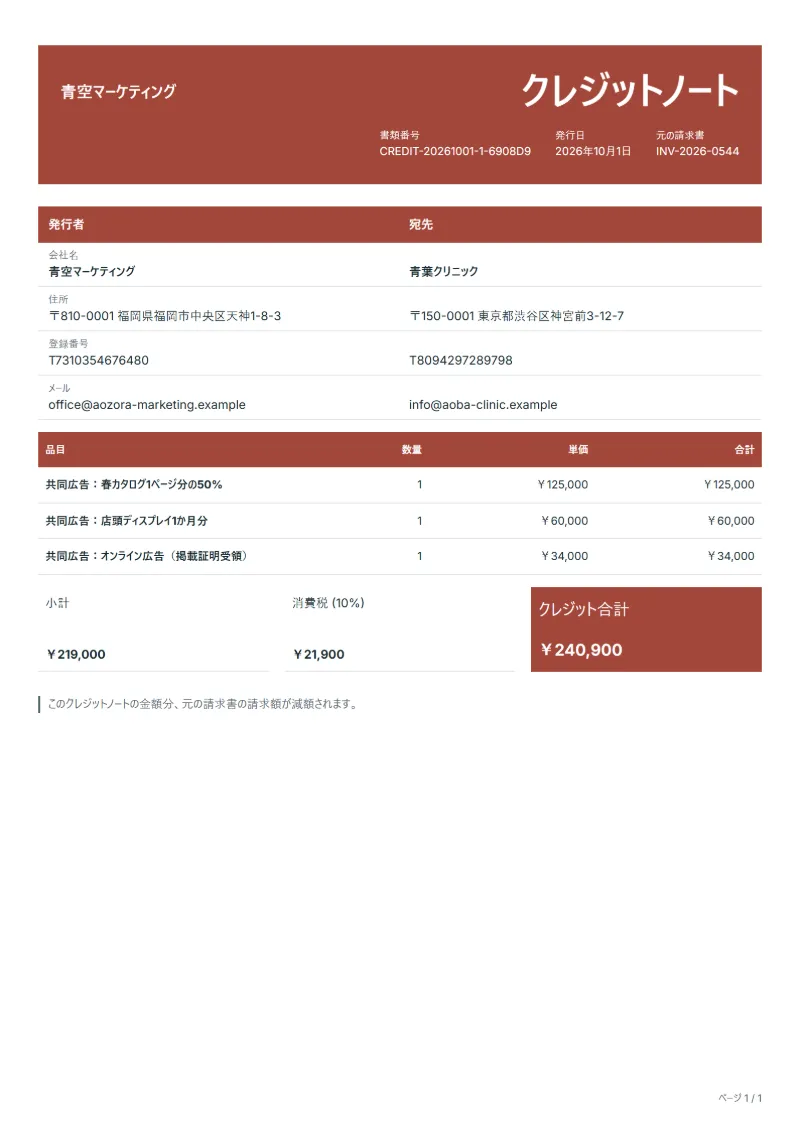 無料の共同広告協賛金のクレジットノートテンプレートの記入例:架空の会社名、品目、数量、単価、合計が入った1ページ目