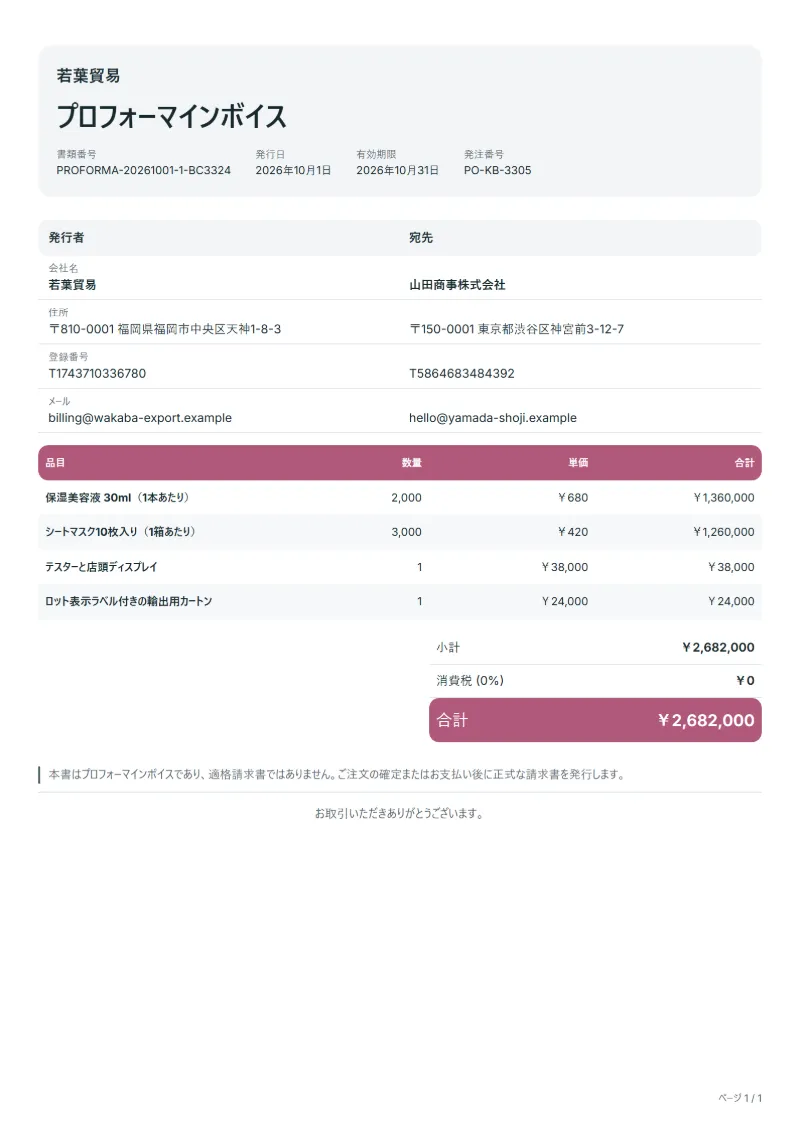 無料の化粧品輸出用プロフォーマインボイステンプレートの記入例：架空の会社名、品目、数量、単価、合計が入った1ページ目