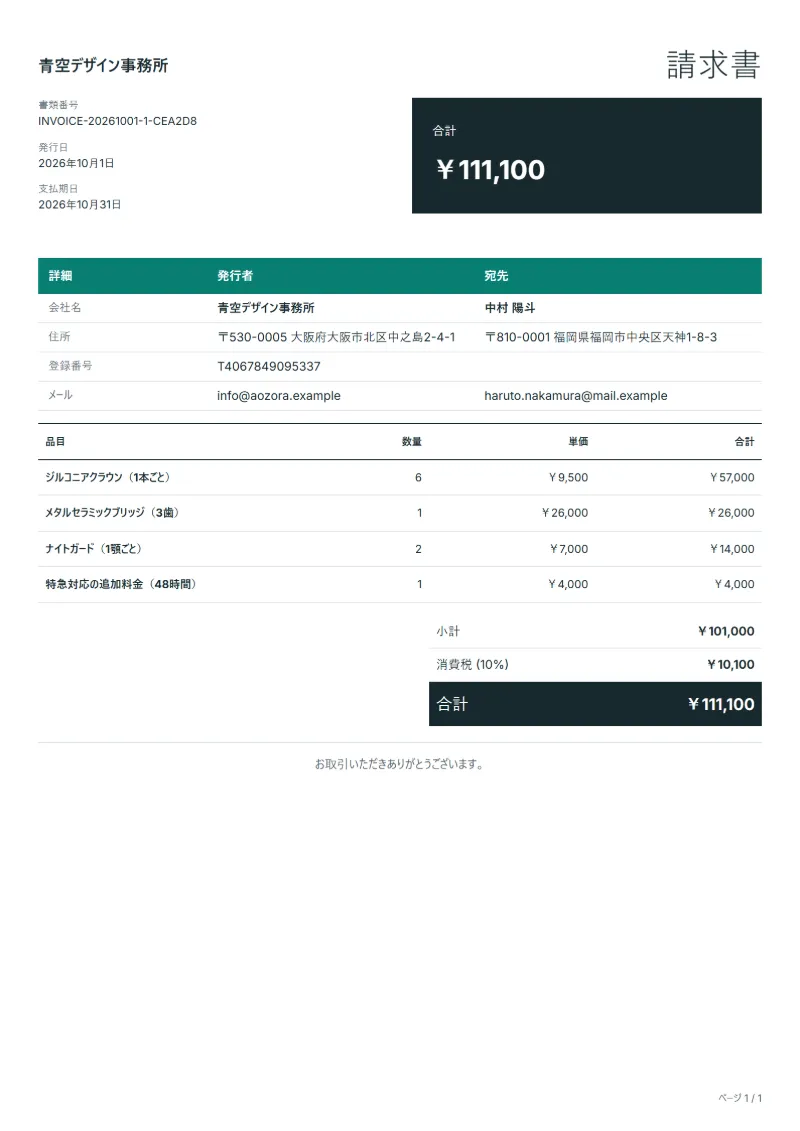 無料の歯科技工所の請求書テンプレートの記入例:架空の会社名、品目、数量、単価、合計が入った1ページ目