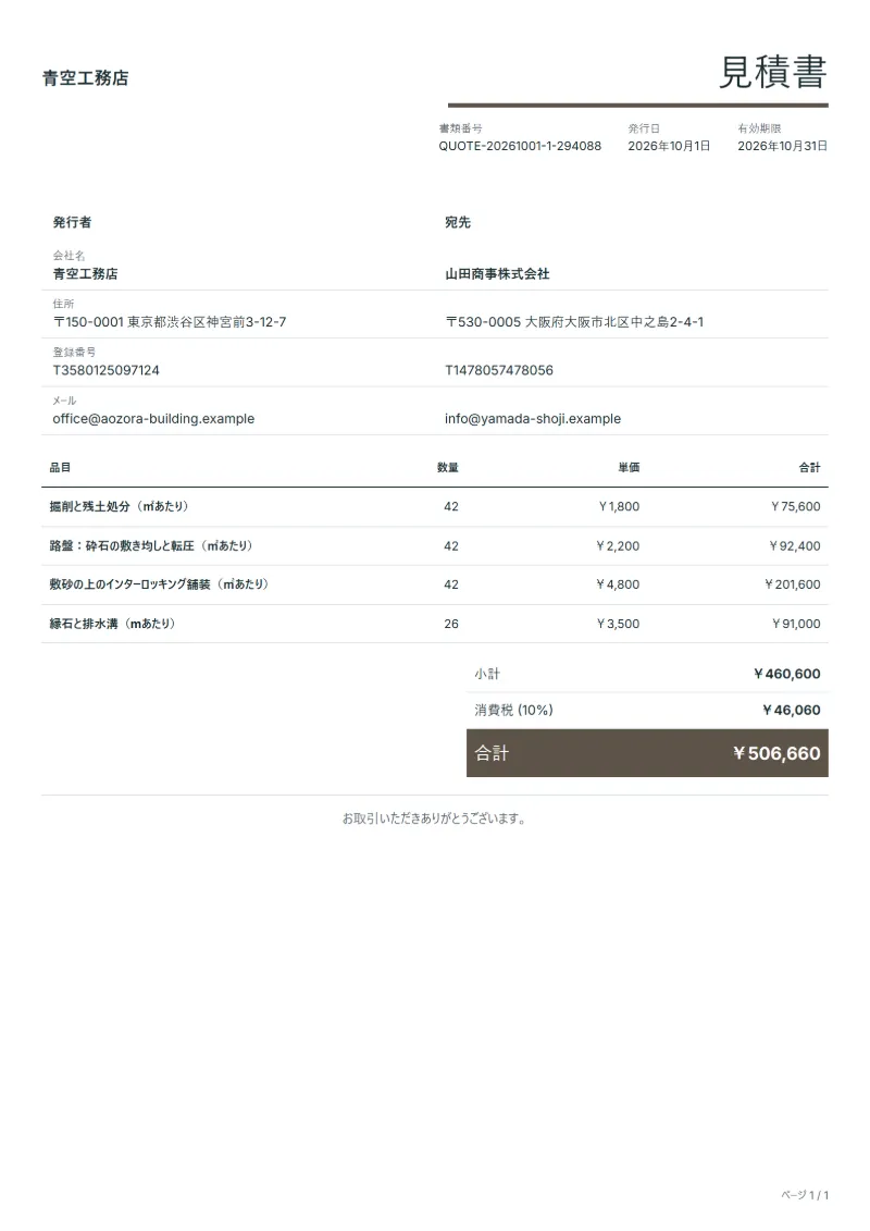 無料の駐車場舗装工事の見積書テンプレートの記入例:架空の会社名、品目、数量、単価、合計が入った1ページ目