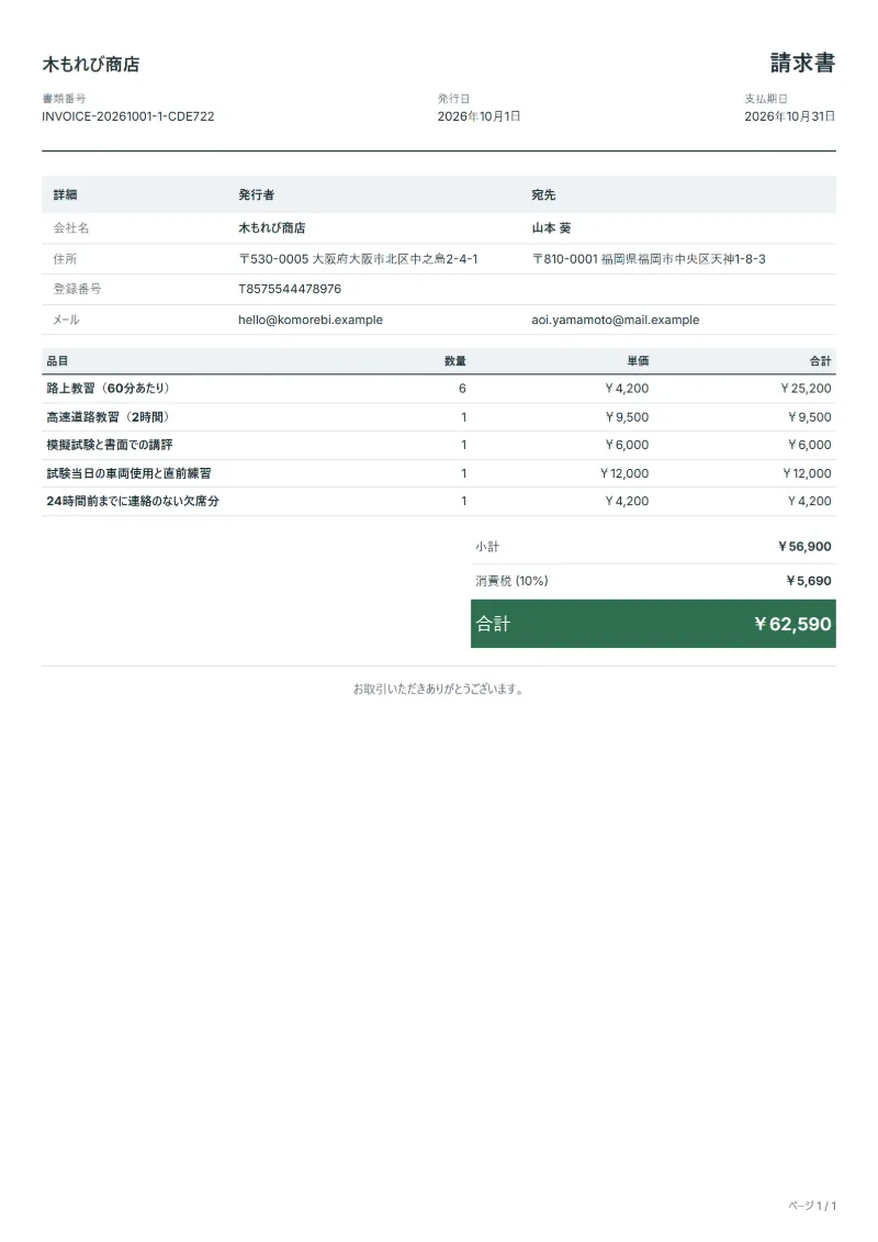 無料の運転指導・出張教習の請求書テンプレートの記入例：架空の会社名、品目、数量、単価、合計が入った1ページ目