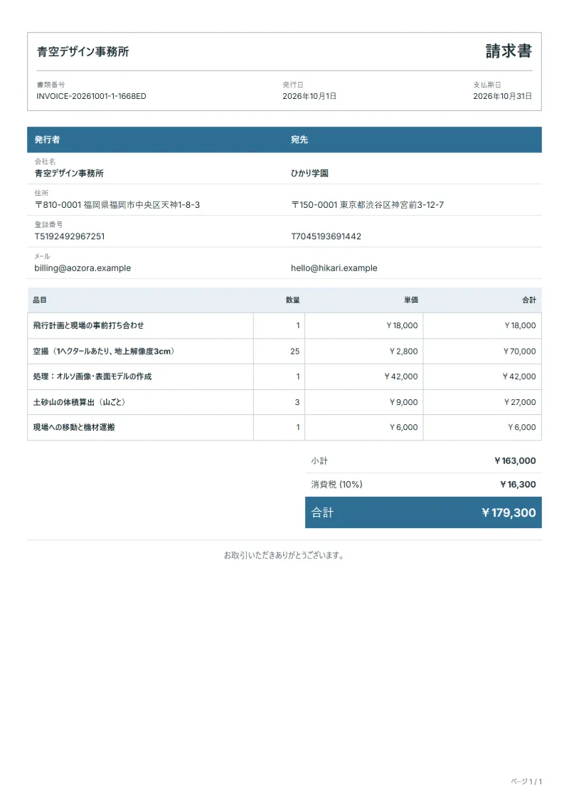 無料のドローン空撮測量の請求書テンプレートの記入例:架空の会社名、品目、数量、単価、合計が入った1ページ目