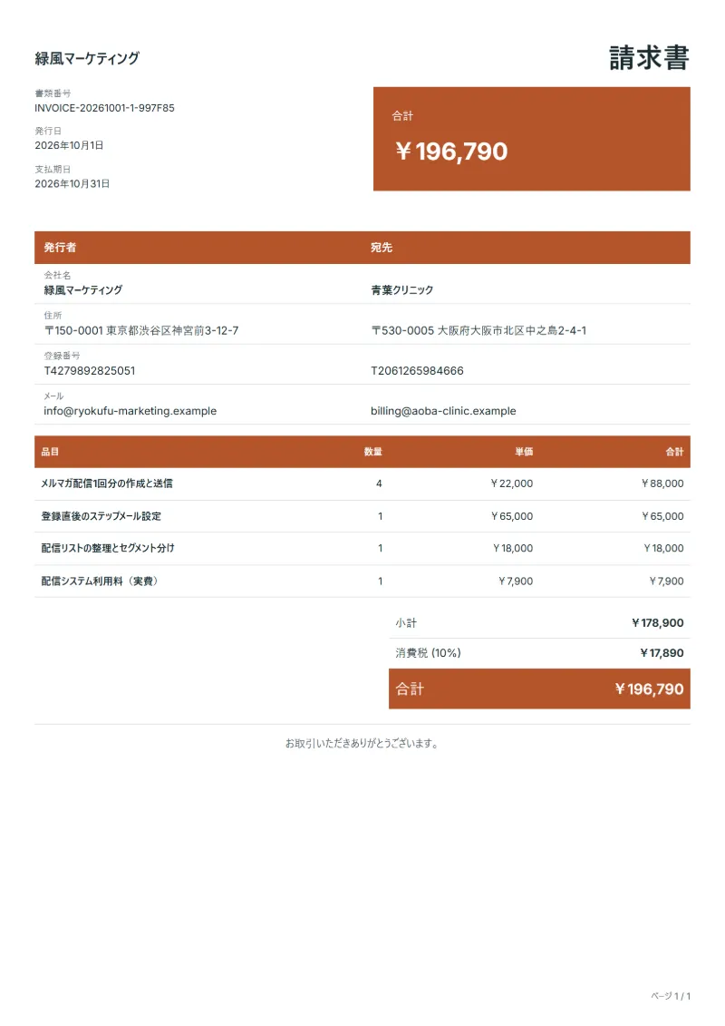 無料のメールマーケティング代行の請求書テンプレートの記入例：架空の会社名、品目、数量、単価、合計が入った1ページ目