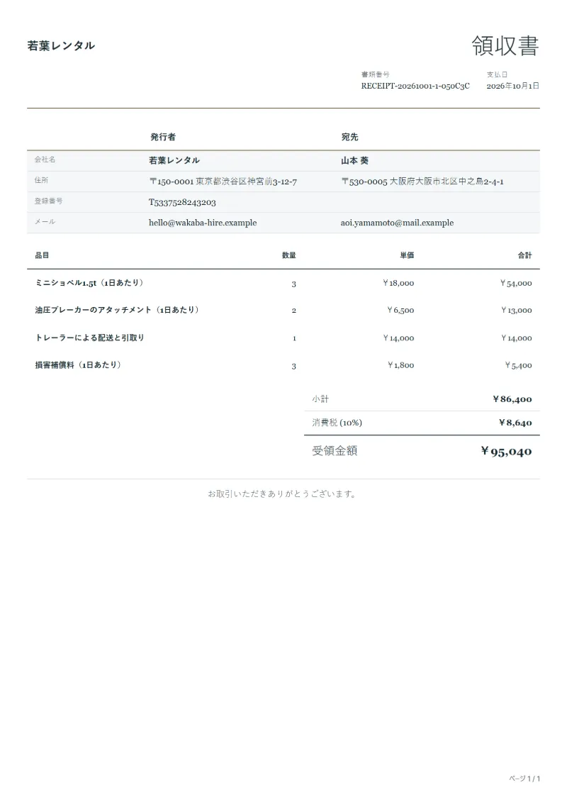 無料の機材レンタル料の領収書テンプレートの記入例：架空の会社名、品目、数量、単価、合計が入った1ページ目